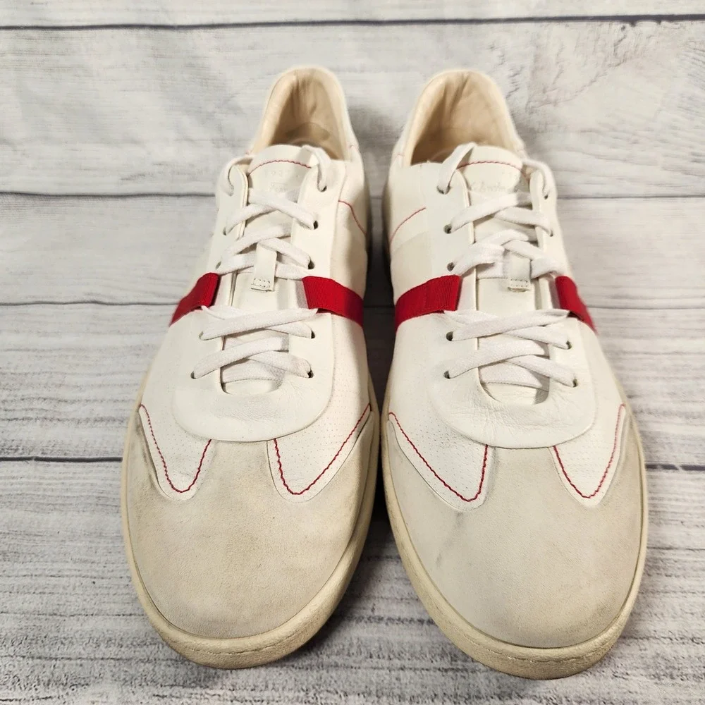 Salvatore Ferragamo Mens 12 White Leather Suede Red Stripe Low Top Sneakers